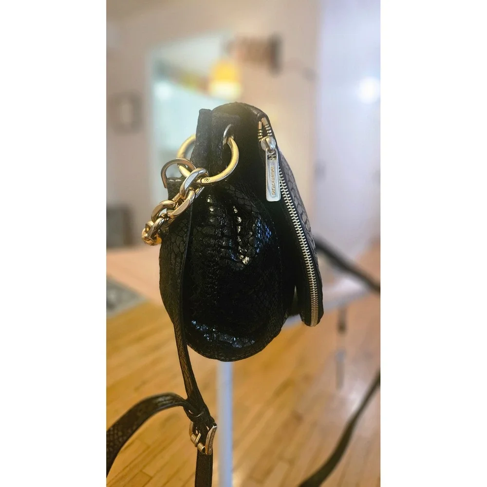 Michael Kors Bedford Black Snake Embossed Leather Crossbody Bag Gold Hardware